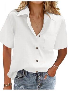 White Cotton Linen Button Down Shirt Women V Neck Blouse Casual Short Sleeve Top